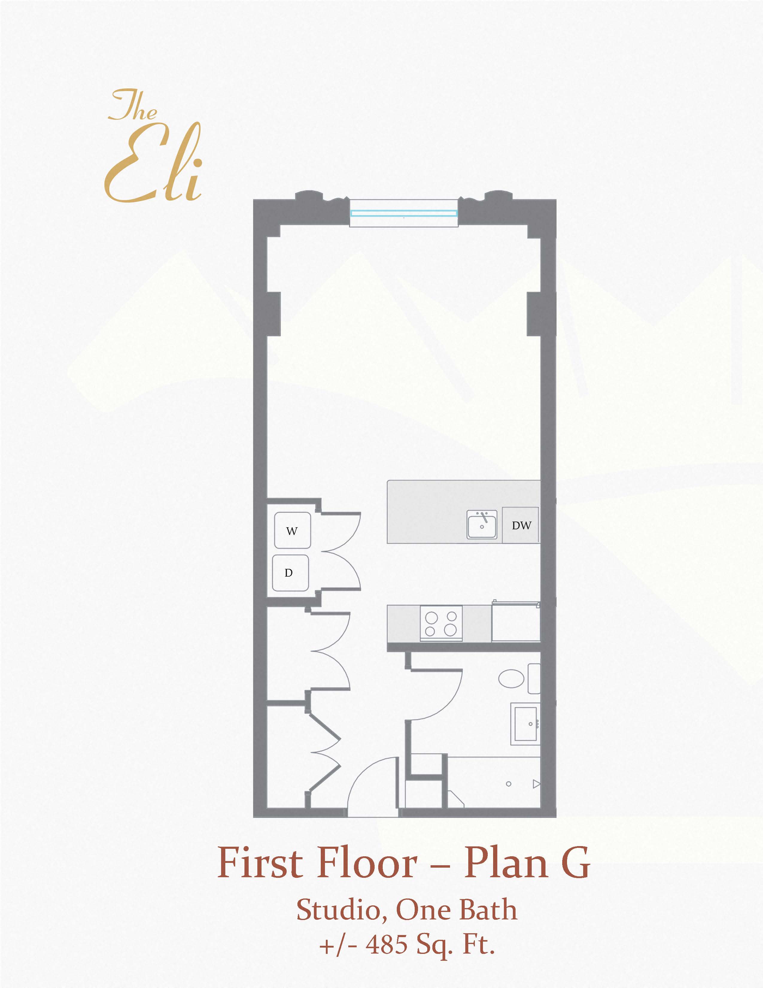 Floor plan for studio, 1 bath, 485 sqft
